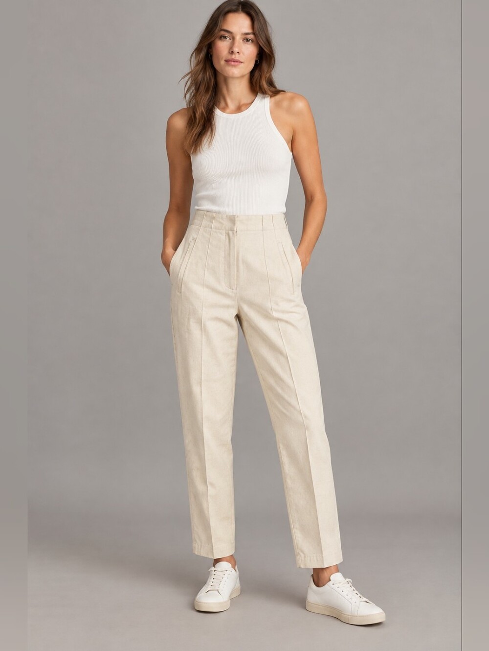 Zara Women's Linen Blend Pants XS Beige High Rise Straight Leg Trousers